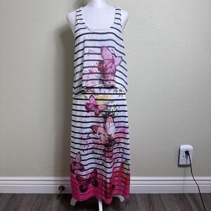 JFW  Dress Tank White With Black Stripes Pink Butterflies Size‎ S Floral Midi